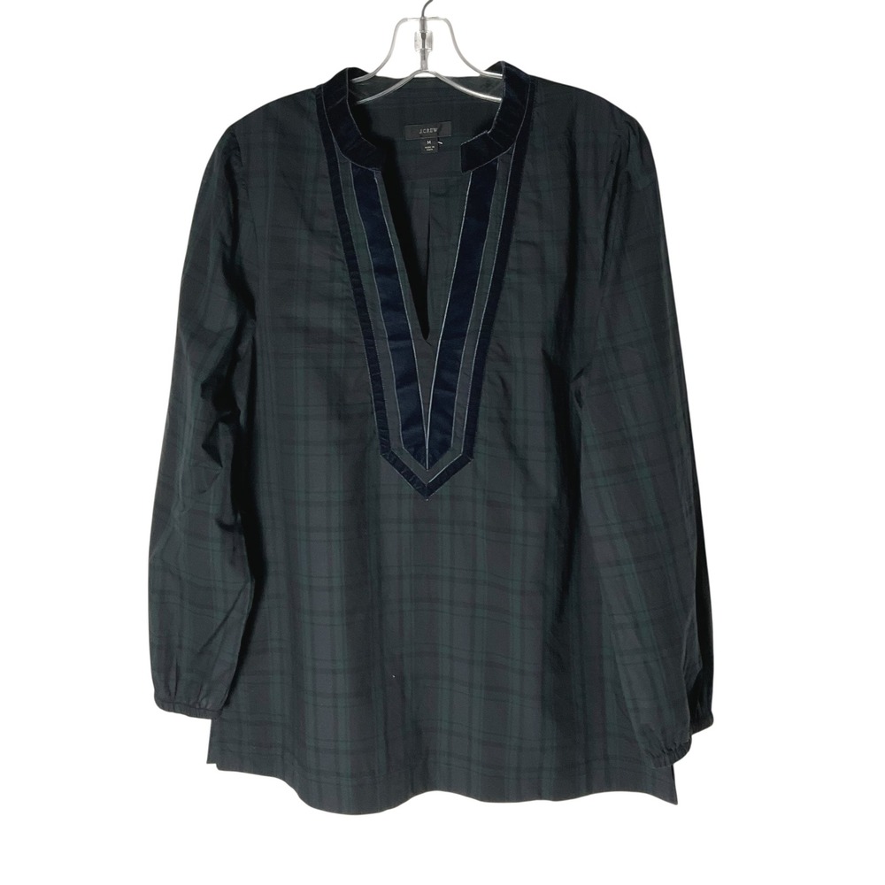 J.Crew Womens Velvet-Trim‎ V-Neck Tunic Top Black Watch Tartan Plaid Medium